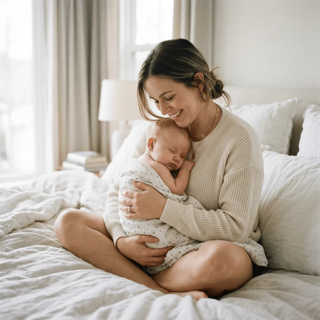 Mother sitting cross-legged on bed cuddling a sleeping newborn baby wrapped in a blanket